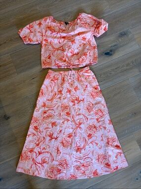 Talbots Pink & Coral Floral Peasant Blouse with matching skirt